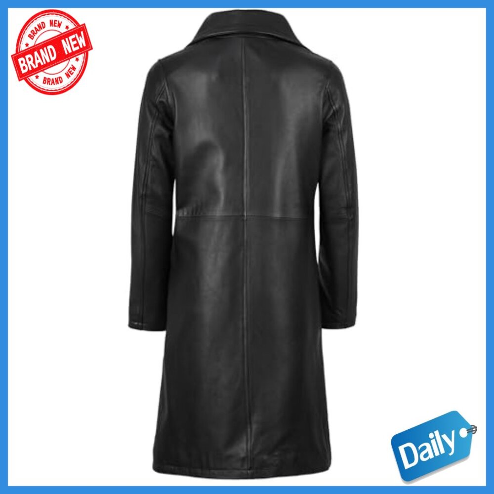 Real Lambskin Leather Car Coat Long Trench Style Button Closure Pockets - Picture 4 of 6